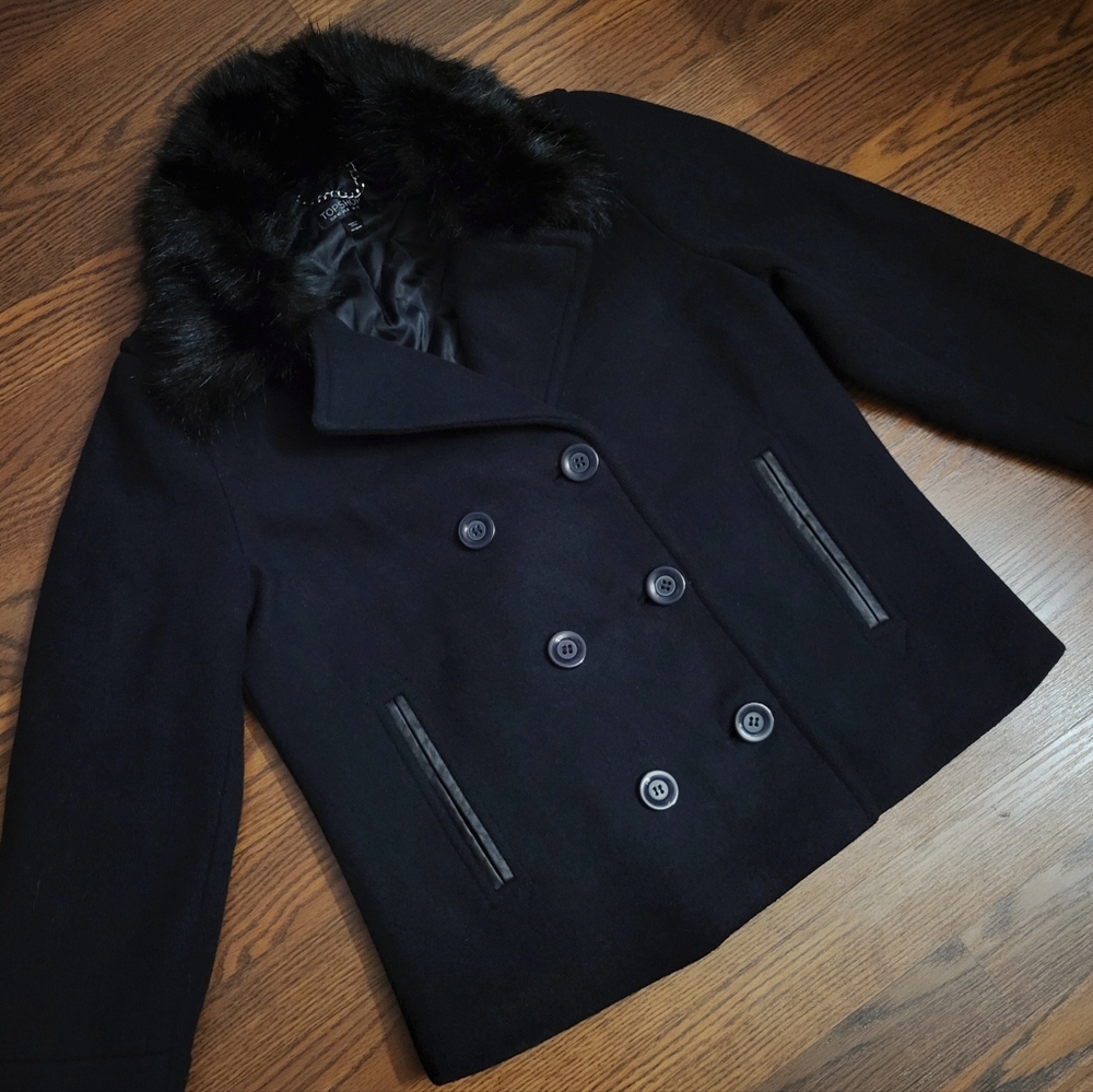 Black TOPSHOP Cropped Wool Pea Coat Jacket BIG Faux Fur Removeable Collar Sz 8